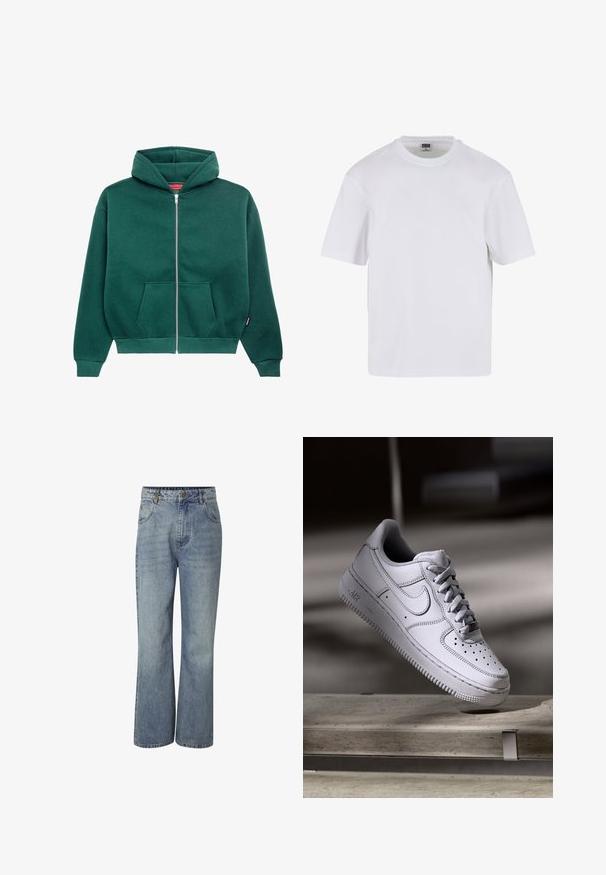 Hoodie zippé vert en tissu doux, avec une capuche, des poches avant et des poignets et un ourlet côtelés. Design simple et de couleur unie.; T-shirt blanc à manches courtes en coton. Il présente un col rond et une coupe décontractée. Texture lisse, design minimaliste, sans motifs ni accents.; Jean en denim bleu taille haute avec jambes larges, fermeture à boutons sur le devant, passants pour ceinture et poches devant et derrière.; La basket Nike Air Force 1 en cuir blanc présente un embout perforé, des lacets plats et une semelle en caoutchouc texturée avec le logo « AIR » sur le côté.