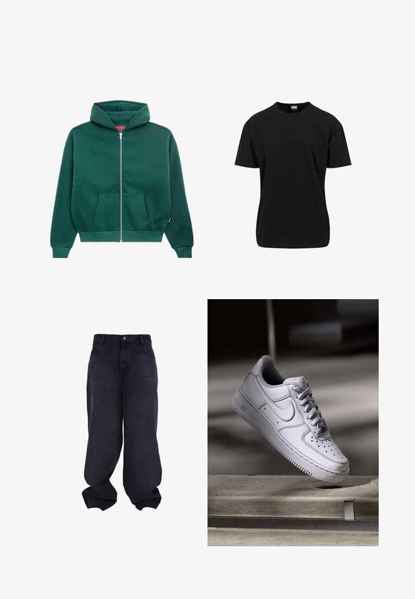 Grüne Sweatjacke aus weichem Stoff, mit Kapuze, Fronttaschen und gerippten Bündchen und Saum. Einfaches, einfarbiges Design.; Schwarzes kurzärmliges T-Shirt aus Baumwolle mit Rundhalsausschnitt und klassischer Passform, ohne sichtbare Muster oder Akzente.; Schwarze übergroße Baggy-Jeans mit Knopf- und Reißverschluss vorne, Vordertaschen und lockeren, weiten Beinen.; Weißer Nike Air Force 1 Sneaker aus Leder mit perforierter Zehenpartie, flachen Schnürsenkeln und strukturierter Gummisohle mit "AIR"-Branding an der Seite.