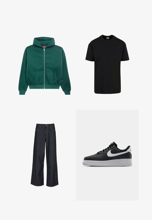 Grüne Sweatjacke aus weichem Stoff, mit Kapuze, Fronttaschen und gerippten Bündchen und Saum. Einfaches, einfarbiges Design.; Urban Classics SHORTSLEEVE - T-Shirt basic - black; Dunkelblaue Jeans mit weitem Bein aus Denim, mit klassischem Fünf-Taschen-Design, kontrastierenden Nähten und Knopfleiste.; Schwarze Ledersneaker mit strukturierten Oberflächen, weißem Nike-Swoosh, grauer Sohle, runder Zehenpartie und Schnürdesign. Verfügt über Perforationen an der Zehenbox.