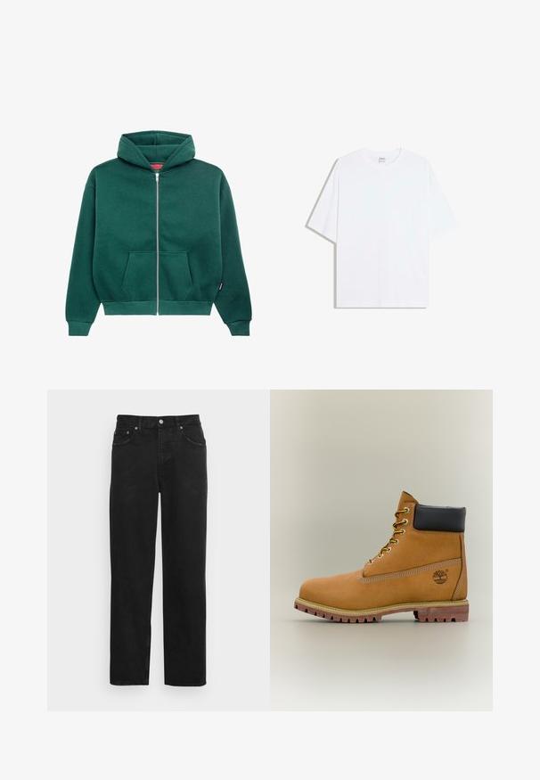 Grüne Sweatjacke aus weichem Stoff, mit Kapuze, Fronttaschen und gerippten Bündchen und Saum. Einfaches, einfarbiges Design.; Weißes, übergroßes Baumwoll-T-Shirt mit rundem Ausschnitt und kurzen Ärmeln; glatte Textur, keine sichtbaren Muster oder Akzente.; Schwarze Jeans aus Denim mit geradem Bein, Fünf-Taschen-Design und Metallknopfverschluss mit dezent strukturierter Oberfläche. Keine sichtbaren Muster oder Akzente.; Brauner Leder-Stiefelette mit schwarzem Kragen, gelben Schnürsenkeln und hellbrauner Sohle. Verfügt über ein Logo und weiße Ziernähe. Robuste Profilsohle.