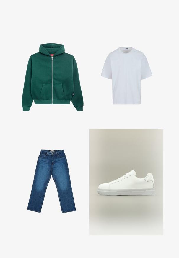 Grüne Sweatjacke aus weichem Stoff, mit Kapuze, Fronttaschen und gerippten Bündchen und Saum. Einfaches, einfarbiges Design.; Weißes Baumwoll-T-Shirt mit rundem Halsausschnitt, kurzen Ärmeln und geradem Schnitt. Verfügt über dezente Nähte an den Schultern.; Blaue Jeans aus Denim mit geradem Schnitt, ausgestattet mit einem Taillenbund mit Gürtelschlaufen, seitlichen Taschen und Verwaschungen an den Beinen.; Weißer Sneaker in niedriger Schnittform mit Schnürung vorne, gepolstertem Kragen und strukturiertem Gummisohle, seitlich auf neutralem Hintergrund dargestellt.