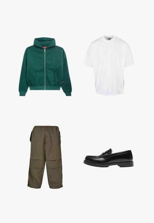 Groene zip-up hoodie van zacht materiaal, met een capuchon, zijzakken en ribgebreide manchetten en onderrand. Eenvoudig, effen kleurontwerp.; Witte katoenen t-shirt met een relaxte pasvorm, korte mouwen en een ronde halslijn, met een rechte zoom en geen zichtbare grafische afbeeldingen of patronen.; Khaki cargobroek met een elastische tailleband, zijzakken en drukknopen. Stof heeft een soepele, lichte textuur.; Zwarte leren loafer met een dikke rubberen zool en klassieke penny-strap details, gezien vanaf de buitenkant.