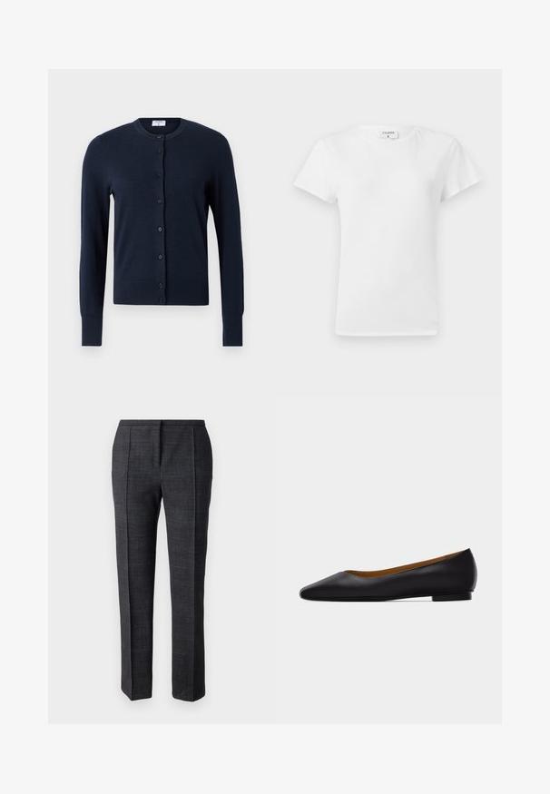 Filippa K CARDIGAN - Chaqueta de punto - navy; Camiseta blanca de algodón con cuello redondo y mangas cortas, que presenta un corte relajado y un diseño minimalista. Etiqueta visible en el cuello.; Pantalones tailoring de color gris oscuro, confeccionados en tejido texturizado, con pliegues laterales, pernera recta y una cinturilla limpia sin herrajes visibles.; Zapato plano de punta puntiaguda de cuero negro con tacón bajo y acabado liso, mostrado de perfil sobre un fondo gris claro.