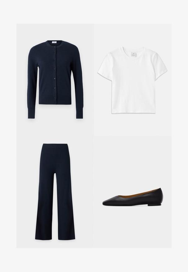 Filippa K CARDIGAN - Vest - navy; Witte katoenen t-shirt met een ronde hals, korte mouwen en een rechte zoom. Label met "Won Hundred" aan de voorkant van de halslijn.; Zwarte wijde broek met een hoge taille en geen zichtbare sluitingen, afgebeeld tegen een witte achtergrond.; Zwarte leren puntschoen met lage hak en gladde afwerking, zijaanzicht op een lichtgrijze achtergrond.