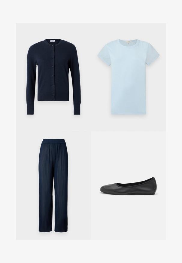 Filippa K CARDIGAN - Chaqueta de punto - navy; rag & bone Camiseta básica - raindrop; Pantalones de pernera ancha en color marino, elaborados con tela plisada, que cuentan con una cinturilla elástica y una textura suave, diseñados para ofrecer comodidad y facilidad de movimiento.; Bailarina de piel negra con punta redondeada, textura suave, detalle de costura minimalista y diseño de suela flexible.
