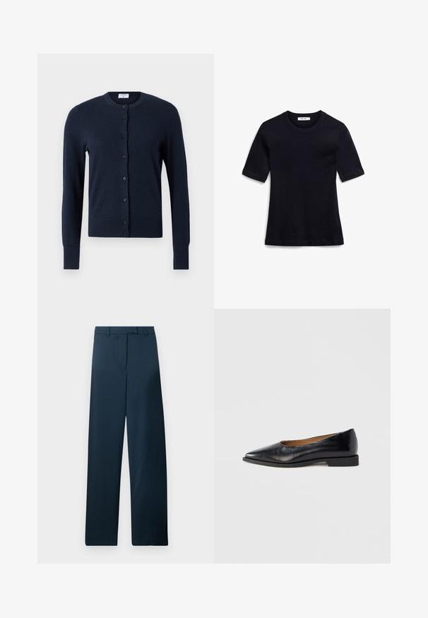 Filippa K CARDIGAN - Vest - navy; Marineblauwe t-shirt met korte mouwen, gemaakt van zachte stof. Beschikt over een ribgebreide ronde hals en een rechte zoom, met een eenvoudig, onopvallend ontwerp.; Marineblauwe wijde broek met een zachte textuur, een vlakke voorkant en een riemlus. Kenmerkt zich door een minimalistisch ontwerp zonder zichtbare patronen of accenten.; Zwarte leren platte schoen met een puntige neus en een lage, vierkante hak. Gladde textuur, minimalistisch ontwerp, zonder zichtbare sieraden of patronen.