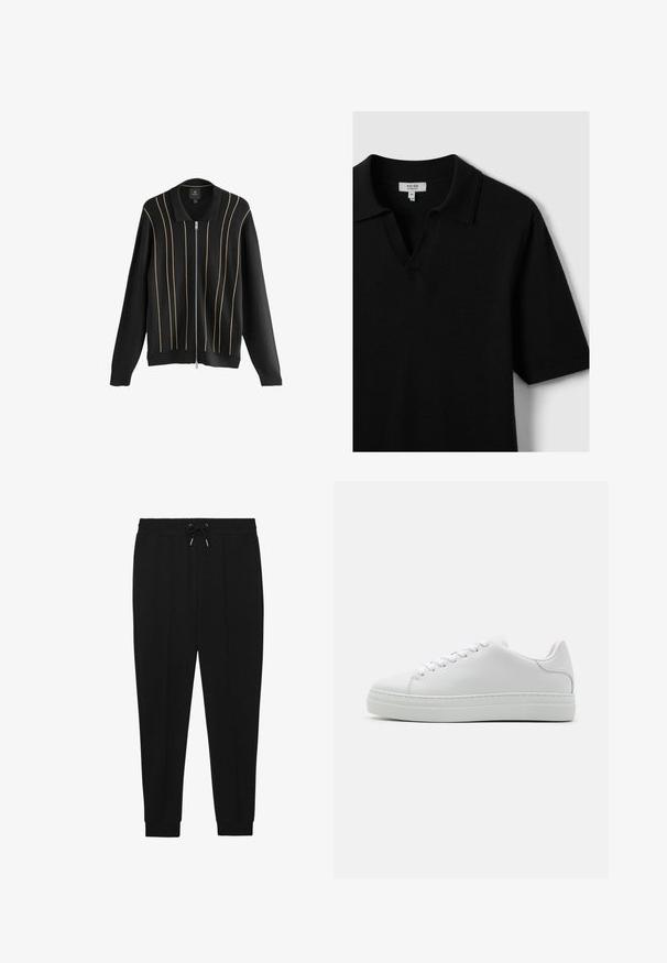 Cardigan en tricot noir avec une fermeture éclair à l'avant, présentant des accents dorés verticaux et un design de col classique. Texture douce, coupe décontractée.; Polo noir à manches courtes en tissu doux, avec un col en V et un col classique, présentant des coutures minimales et sans motifs visibles.; Pantalons de sport noirs avec une taille à cordon de serrage, des jambes fuselées et des poignets côtelés. Fabriqués dans un tissu doux au toucher lisse.; Baskets en cuir blanc avec une semelle plateforme imposante, bout rond et six œillets. Texture lisse avec de subtiles détails de couture.