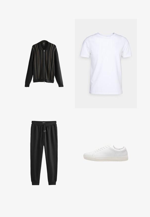 Cardigan en tricot noir avec une fermeture éclair à l'avant, présentant des accents dorés verticaux et un design de col classique. Texture douce, coupe décontractée.; T-shirt blanc à manches courtes en tissu de coton avec un col rond. Design simple sans motifs ni accents. Texture lisse.; Pantalons de survêtement noirs en tissu doux, dotés d'une taille élastique avec cordon de serrage, jambes effilées et bords côtelés aux chevilles.; Baskets en cuir blanc avec une texture lisse, bout rond, fermeture à lacets et semelle en caoutchouc plate. Design minimaliste sans motifs visibles.