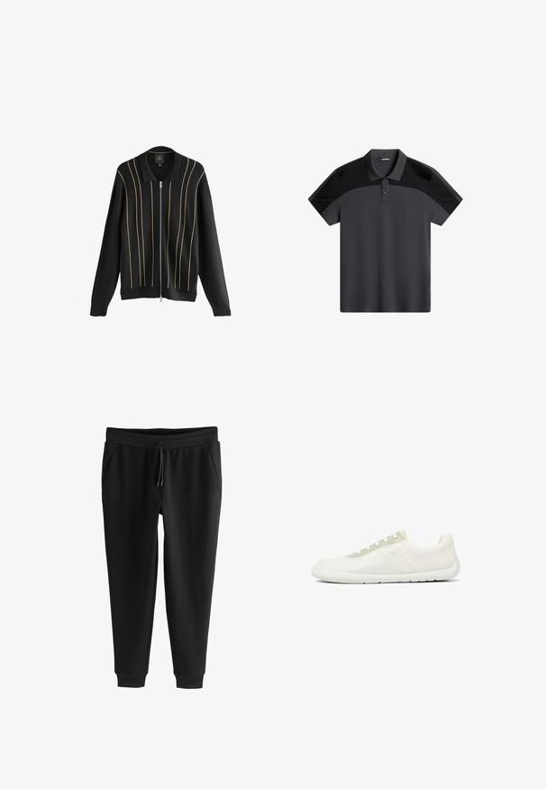 Cardigan en tricot noir avec une fermeture éclair à l'avant, présentant des accents dorés verticaux et un design de col classique. Texture douce, coupe décontractée.; Polo shirt gris foncé à manches courtes et à patte de boutonnage à deux boutons. Caractérisé par des panneaux supérieurs noirs contrastants et un tissu lisse et léger.; Pantalon de survêtement noir fuselé avec taille élastique, cordon de serrage, poches latérales et chevilles resserrées, posé à plat sur fond blanc.; Sneaker blanche minimaliste à coupe basse avec tissu en maille texturée, semelle blanche et panneau pour œillets de lacets beige clair.