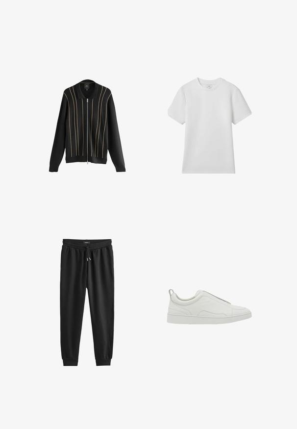 Cardigan en tricot noir avec une fermeture éclair à l'avant, présentant des accents dorés verticaux et un design de col classique. Texture douce, coupe décontractée.; T-shirt blanc à manches courtes en coton, avec un col rond et une coupe décontractée, sans motifs ni accents visibles.; Pantalons de survêtement noirs en tissu doux, dotés d'une taille élastique avec cordon de serrage, jambes effilées et bords côtelés aux chevilles.; Baskets basses blanches à enfiler, avec un col rembourré et une languette à l’arrière, dotées d’une semelle épaisse en caoutchouc et d’une tige en cuir lisse.