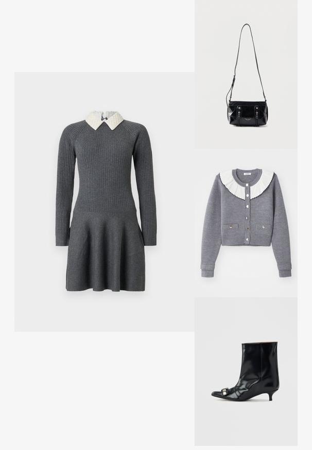 Grauer Cardigan mit einem plissierten weißen Kragen, durchgehender Knopfleiste, zwei Fronttaschen und gerippten Bündchen und Saum.; Graues Strickkleid mit langen Ärmeln, tailliertem, geripptem Oberteil, ausgestelltem Rock und weißem, strukturierter spitzer Kragen.; Schwarzer Leder-Stiefelette mit spitzem Zehen, niedrigem Kitten-Heel und dekorativer silberner Schnalle seitlich nahe der Zehen.; Schwarze Lederschultertasche mit verstellbarem Riemen, zwei vertikalen Reißverschlüssen vorne und einem kleinen metallischen Flügel-Emblem unter den Reißverschlüssen.