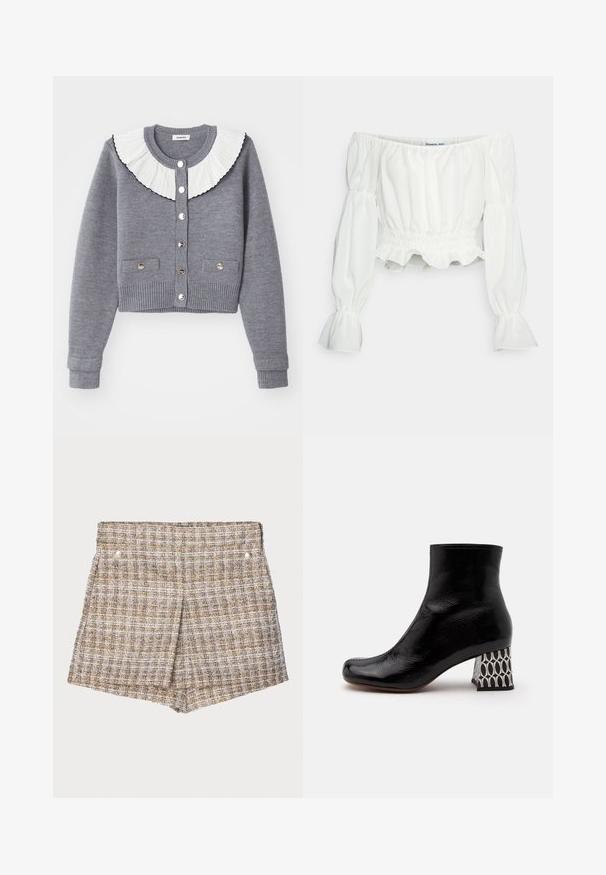 Grijze cardigan met een geplooide witte kraag, knoopsluiting aan de voorkant, twee voorzakken en geribbelde manchetten en zoom.; DESIGNERS REMIX VALERIE - Blouse - cream; Bruine geruite geweven shorts met een gestructureerde afwerking, voorzien van twee zilveren drukknoopjes aan de voorkant en een op maat gemaakte, gestructureerde uitstraling.; Zwarte lakleren enkellaars met een vierkante neus en een opvallende hak met een zwart-wit geometrisch patroon.