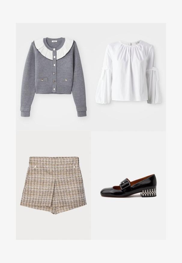 Cárdigan gris con un cuello blanco plisado, frente abotonado, dos bolsillos frontales y puños y bajo de canalé.; Blusa blanca de manga larga hecha de algodón, con cuello redondo, pliegues sutiles y puños atados para una forma y textura estructuradas.; Pantalones cortos tejidos de cuadros marrones con un acabado texturizado, que cuentan con dos botones de presión plateados en la parte delantera y un diseño estructurado y ajustado.; Zapato de charol negro con tacón bajo, una gran correa con hebilla y tacón de bloque estampado en diseño geométrico blanco y negro.