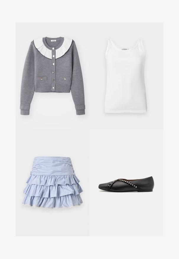 Grauer Cardigan mit einem plissierten weißen Kragen, durchgehender Knopfleiste, zwei Fronttaschen und gerippten Bündchen und Saum.; Weißes, geripptes ärmelloses Tanktop mit Spitzenbesatz an den Schulterträgern und einem Rundhalsausschnitt.; Blau-weiß gestreifter gestufter Rock mit Rüschen und gerafftem Bund, entworfen für einen legeren oder sommerlichen Look.; Schwarze Lederflats mit spitzer Zehenform, ausgestattet mit einem dekorativen Riemen mit silbernen Nieten und einer Schnallenoptik. Glatte Textur, minimalistisches Design.