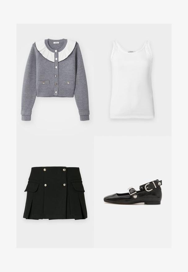 Grijze cardigan met een geplooide witte kraag, knoopsluiting aan de voorkant, twee voorzakken en geribbelde manchetten en zoom.; Wit geribbeld mouwloos tanktop met kanten rand aan de schouderbandjes, met een ronde halslijn.; Zwarte geplooide minirok gemaakt van gestructureerde stof, met twee voorzakken en accenten van gouden knopen.; Zwarte gepatineerde leren platte schoen met een vierkante neus, enkelband met zilverkleurige hardware en platte zool. Gladde textuur met minimalistisch ontwerp.