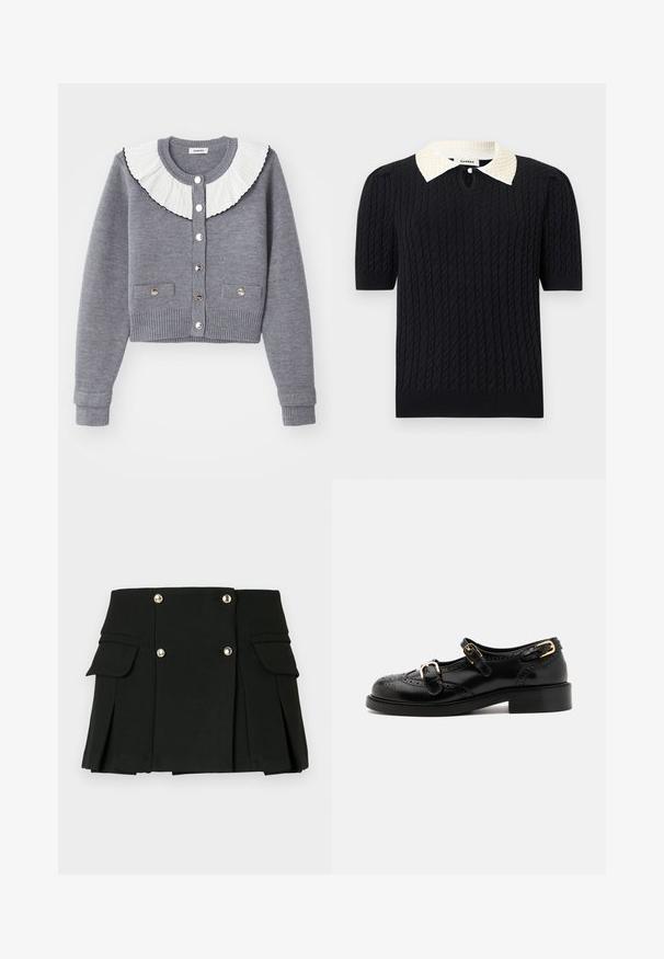 Grauer Cardigan mit einem plissierten weißen Kragen, durchgehender Knopfleiste, zwei Fronttaschen und gerippten Bündchen und Saum.; Schwarzes, kurzärmeliges Strickoberteil mit Zopfmuster, ausgestattet mit einem weißen, spitzen Kragen, der mit Perlen verziert ist, und einem kleinen vorderen Schlüsselloch-Knopf.; Schwarzer, plissierter Minirock aus strukturiertem Gewebe, ausgestattet mit zwei Fronttaschen und goldfarbenen Knopfakzenten.; Schwarze Lederschuhe mit Broguedetails, ausgestattet mit zwei Schnallenriemen, einer abgerundeten Zehenpartie und einem flachen Absatz. Glatte Textur mit glänzendem Finish.