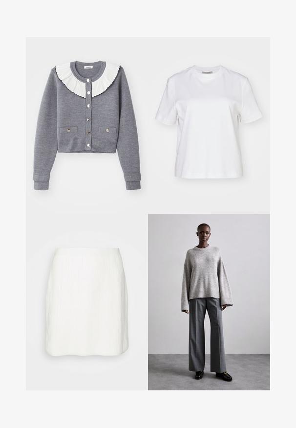 Cárdigan gris con un cuello blanco plisado, frente abotonado, dos bolsillos frontales y puños y bajo de canalé.; AllSaints LISA TEE - Camiseta básica - white; Theory SHORT SKIRT MATT - Minifalda - ivory; Suéter gris de punto con mangas anchas y dobladillo acanalado, combinado con pantalones grises de cintura alta que presentan un sutil estampado de cuadros y mocasines negros.