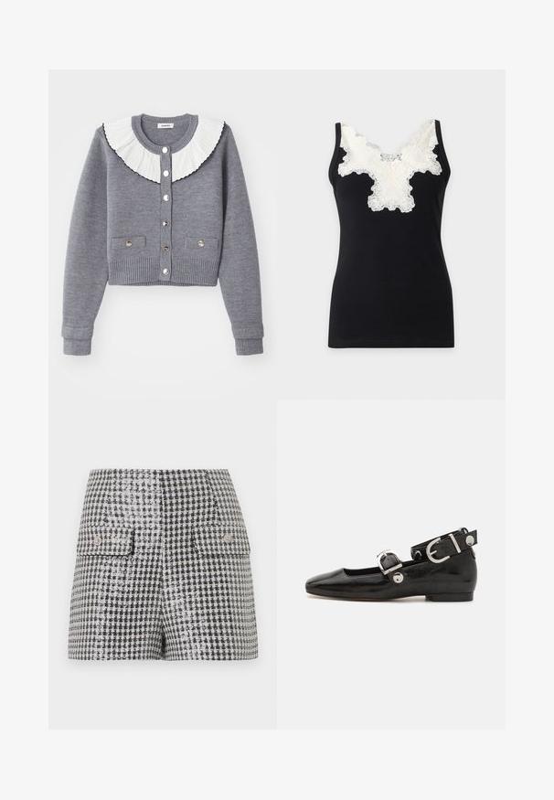 Grauer Cardigan mit einem plissierten weißen Kragen, durchgehender Knopfleiste, zwei Fronttaschen und gerippten Bündchen und Saum.; Schwarzes ärmelloses, geripptes Top mit breiten Schulterträgern und weißem floralen Spitzendetail am Ausschnitt und im oberen Brustbereich.; Schwarz-weiß karierter Minirock im Hahnentrittmuster mit zwei vorderen Klapptaschen und dekorativen Knöpfen.; Schwarze Lackleder-Ballerina mit eckiger Zehenpartie, Knöchelriemen mit silberner Hardware und flacher Sohle. Glatte Textur mit minimalistischen Design.