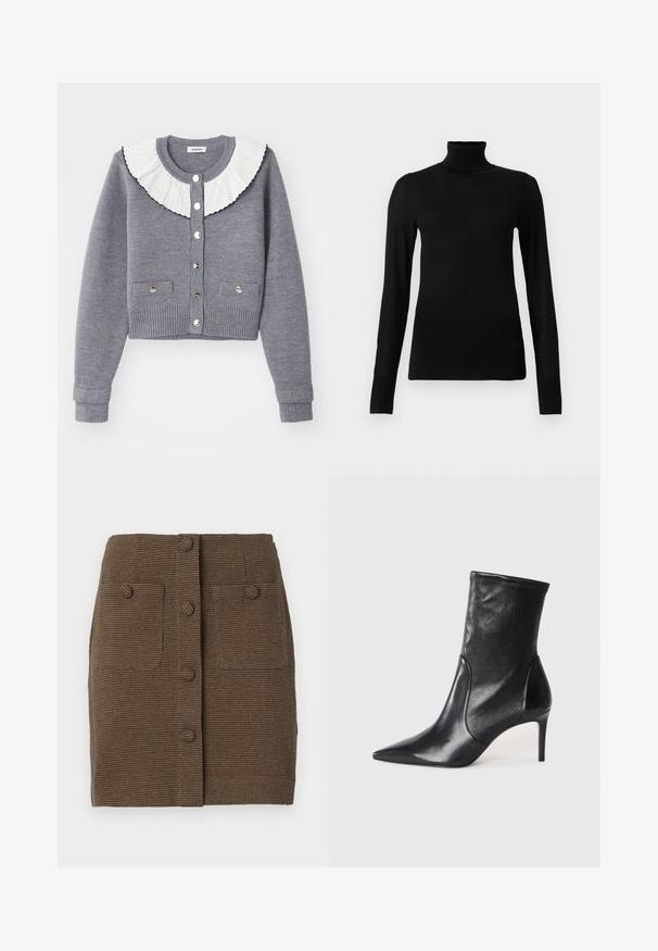 Grauer Cardigan mit einem plissierten weißen Kragen, durchgehender Knopfleiste, zwei Fronttaschen und gerippten Bündchen und Saum.; Schwarzer Rollkragenpullover aus weichem, leichtem Material. Mit langen Ärmeln und einem taillierten Design mit hohem Kragen.; Braun karierten Rock mit vorderem Knopfverschluss, zwei aufgesetzten Taschen, taillierter Passform und strukturiertem Stoff.; Schwarze Stiefeletten aus glattem Leder, mit einer spitzen Zehe, schmalem Schaft und schlanker, hoher Ferse. Minimalistisches Design ohne sichtbare Beschläge.