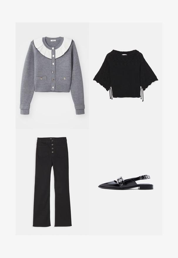 Grauer Cardigan mit einem plissierten weißen Kragen, durchgehender Knopfleiste, zwei Fronttaschen und gerippten Bündchen und Saum.; Schwarzes gestricktes Kurzarmoberteil mit einem strukturierten Muster, gewellten Ärmeln und Kordelzügen am Saum.; Schwarze, ausgestellt geschnittene Jeans aus Denim mit hoher Taille, fünf Taschen und einem frontalen Knopfverschluss mit vier Metallknöpfen.; Schwarzer Lackleder-Flachschuh mit spitzer Form, doppelten silbernen Schnallenriemen und Slingback-Absatz vor weißem Hintergrund.