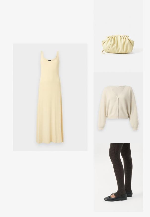 Beige, cropped cardigan i struktureret strikstof. Har V-hals, lange ærmer og knapper langs fronten.; Ærmeløs, lysegul maxikjole med rund halsudskæring, tætsiddende overdel og flydende nederdel på ensfarvet baggrund.; Ben iført mørke ribbede leggings kombineret med sorte balletsko med små sløjfedetaljer på hvid baggrund.; Gul plisseret håndtaske lavet af glat kunstlæder, med en blød form, en enkelt skulderrem og samlet topdesign.
