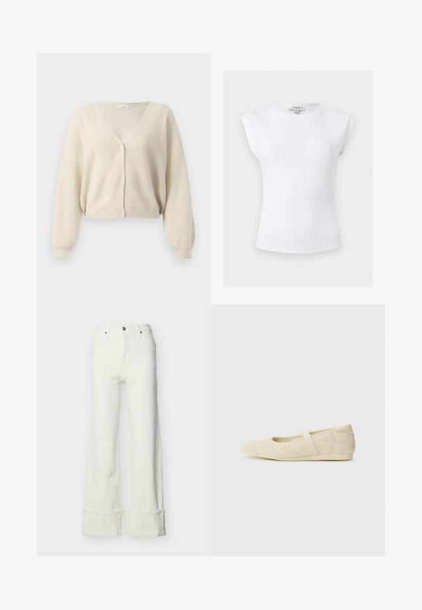 Beige, cropped cardigan i struktureret strikstof. Har V-hals, lange ærmer og knapper langs fronten.; Hvid ribbet ærmeløs top med polstrede skuldre og rund halsudskæring, størrelse small, mærket Topshop indvendigt i kraven.; Hvide jeans med vide ben, højtaljede, frontknap og lynlås, bæltestropper, lommer foran og bagpå samt opsmøgede kanter.; Lysebrune ballet flats med en glat læderoverflade, mandelformet tå og elastisk rem over vristen, med diskrete syninger.