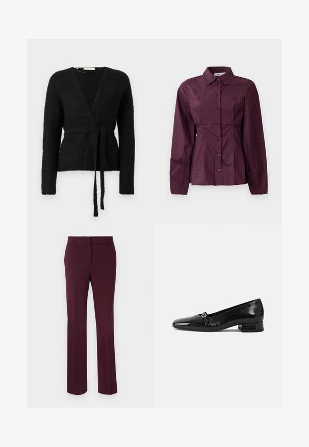 Zwarte fluffy gebreide wikkelcardigan met lange mouwen en een bijpassende riem die in de taille is geknoopt, tentoongesteld op een witte achtergrond.; Bordeaux knoopshirt met lange mouwen, een klassieke kraag en geplooide details bij de taille. Glad stof met subtiele glans.; Bordeaux op maat gemaakte broeken met een gladde textuur, recht gesneden pijpen en een middelhoge tailleband. Bevat geen zichtbare zakken of versieringen.; Zwarte laarzen van gepatenteerd leer met een puntige neus, een lage vierkante hak en een kleine metalen gespdetail op de band. Gladde textuur.