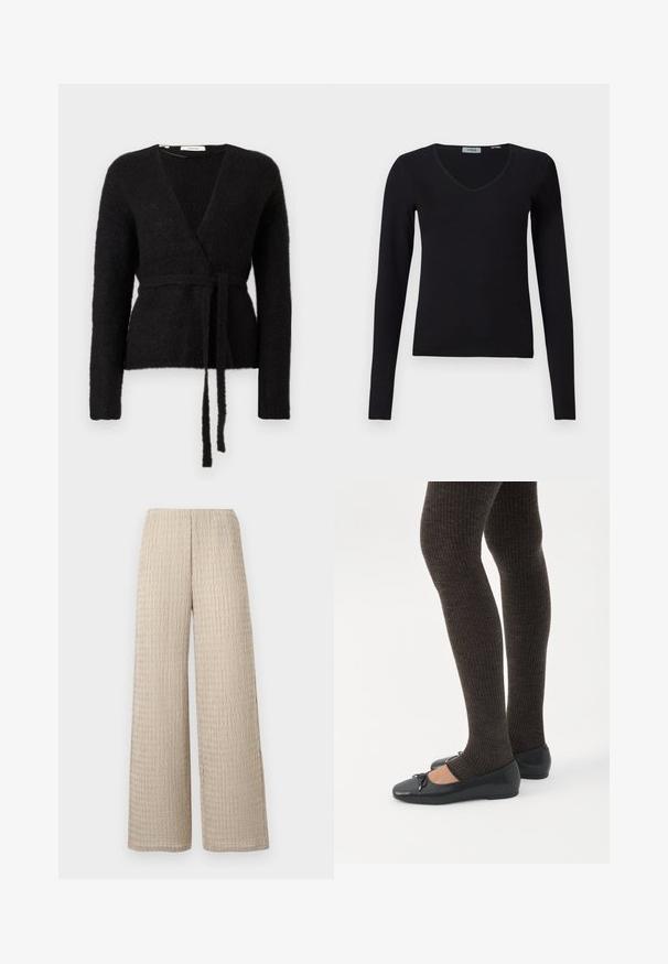 Musthave mustariga musta kampsun, pika varrukaga ja sobiva vööga, seotud talje kohal, esitlemisel valgel taustal.; Mustmustööt ülikonna V-kaelusega must pullover, millel on ribakujuline tekstuur ja lihtne, lõdvestunud disain, esitleb valgel taustal.; Beežid laia lõikega püksid, millel on peen laineline tekstuurimuster ja elastne vöökoht, esitletud valgel taustal.; Jalad seljas tumedad soonelises soonelises kombines mustade baleriinadega, millel on väikesed paelade detailid valgel taustal.