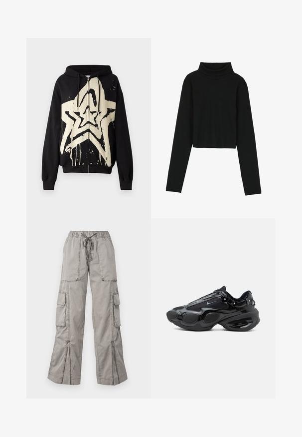 Sort lynlås hættejakke med en stor cremefarvet stjernegrafik og dryppende maleffekt. Tekstureret stof med lange ærmer og en hætte med snørre.; Even&Odd by Zalando Langærmet T-shirt - black; Lys grå cargo bukser med elastisk talje, justerbart bånd, flere sidelommer og lynlåsåbninger i bunden. Lavet af blødt, letvægtsstof.; Sort sneaker med skinnende og netpaneler, afrundede sålesegmenter og små blomsterudsmykninger nær hælen og snørebåndene.
