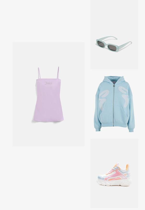 Lichtblauwe rits hoodie gemaakt van zachte stof, met een groot wit grafisch ontwerp op de voorkant, kangoeroezakken en geribde manchetten.; Lila tanktop met dunne bandjes, met het woord "Juicy" in een metallic stijl op de borst, gemaakt van zachte, gladde stof.; Lichte, stevige witte sneaker met pastelkleurige accenten in roze, blauw en oranje, dikke zool, vetersluiting en een merklabel aan de hiel.; Een paar rechthoekige zonnebrillen met lichtblauwe doorzichtige monturen en donkergrijze glazen, met rechte pootjes en minimale hardwaredetails.