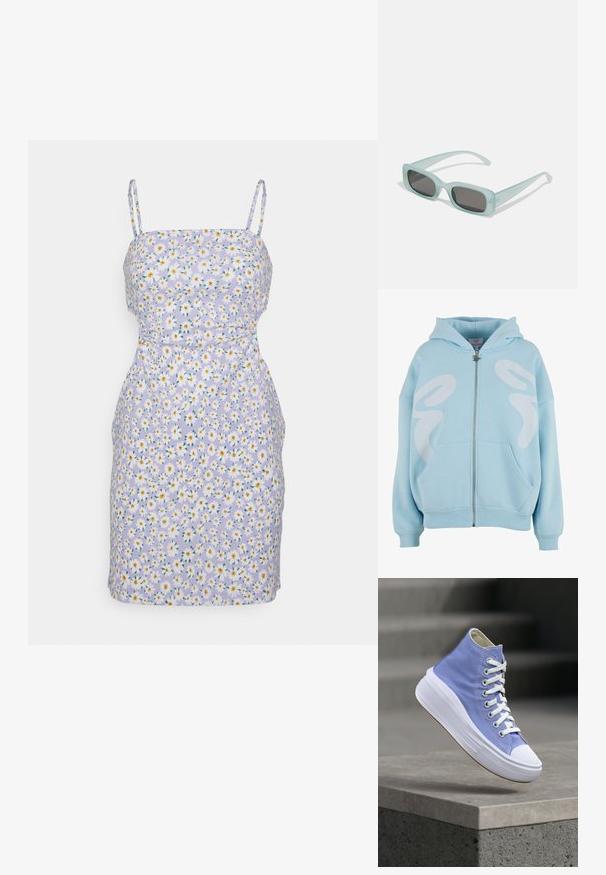 Helleblaue Zip-Hoodie aus weichem Stoff, mit einem großen weißen Grafikdesign auf der Vorderseite, Kängurutaschen und gerippten Bündchen.; Even&Odd by Zalando STRAPPY OPEN WAIST BODYCON MINI DRESS (EO-SS23-C130-SP) / 802 - BLACK - Jerseykleid - lilac - 403_white - 001_yellow - 202; Hellvioletter High-Top-Sneaker mit weißen Schnürsenkeln und dicker weißer Sohle, der über einer grauen Betonfläche schwebt.; Ein Paar rechteckige Sonnenbrillen mit lichtblauen, halbtransparenten Rahmen und dunkelgrauen Gläsern, ausgestattet mit geraden Bügeln und minimalen Hardware-Details.