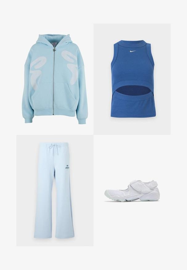 Lichtblauwe rits hoodie gemaakt van zachte stof, met een groot wit grafisch ontwerp op de voorkant, kangoeroezakken en geribde manchetten.; Blauw mouwloos Nike crop top met hoge hals en een uitsnede bij de buik, geribde stof en wit Swoosh-logo middenvoor.; Lichtblauwe joggingbroek met een losse pasvorm, trekkoord in de taille en het "nike athletics" logo in donkerblauw op het voorste been. Zacht stoftextuur.; Witte sportschoen met mesh bovenwerk, klittenbandriem over de wreef en een gedempte zool met label "AIR,", gezien vanaf de zijkant tegen een witte achtergrond.