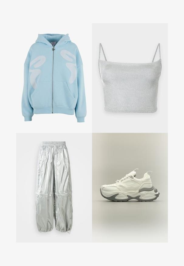Lichtblauwe rits hoodie gemaakt van zachte stof, met een groot wit grafisch ontwerp op de voorkant, kangoeroezakken en geribde manchetten.; Zilverkleurige metallic gebreide crop top met dunne verstelbare bandjes. Strak model en gladde textuur. Geen patronen of zichtbare hardware details.; Zilveren lichtgewicht cargo-broek met een glanzende textuur, elastische tailleband, gebonden manchetten en twee grote zijzakken.; Witte en grijze chunky sneaker met een gestructureerde zool, treklussen op de tong en hiel, en een gedetailleerd paneelontwerp op het bovenwerk.