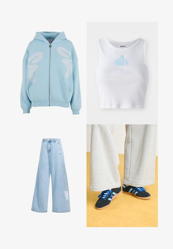Sudadera con cremallera de color azul claro, hecha de tela suave, que presenta un gran diseño gráfico en blanco en el frente, bolsillos tipo canguro y puños acanalados.; Top corto blanco de canalé con un escote redondo y un logo "OBEY" en azul claro centrado en el pecho. Textura suave y diseño ajustado.; Pantalones vaqueros de pierna ancha en azul claro con detalle de tres rayas de Adidas y parche con el logo en la pierna derecha, cintura alta y cierre con botones.; Zapatillas de ante negras y azules con cordones azules y acentos a rayas, combinadas con pantalones de pierna ancha gris claro, sobre un suelo amarillo.