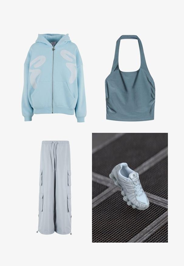 Helleblaue Zip-Hoodie aus weichem Stoff, mit einem großen weißen Grafikdesign auf der Vorderseite, Kängurutaschen und gerippten Bündchen.; Halterneck-Top in einer gedämpften blauen Farbe, aus glattem, glänzendem Stoff mit seitlichen Raffungdetails und einem quadratischen Ausschnitt.; Hellgraue Cargo-Hosen mit elastischem Bund, Kordelzug-Verschluss, Seitentaschen und verstellbaren Säumen. Aus weichem, leichtem Stoff gefertigt.; Helles blaues Sportschuh mit einer strukturierten Oberseite, ausgestattet mit einer abgerundeten Sohle mit zylindrischen Elementen und einem auffälligen Logo auf der Zunge.