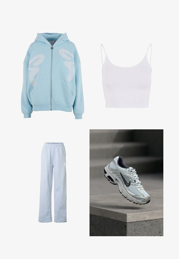 Helleblaue Zip-Hoodie aus weichem Stoff, mit einem großen weißen Grafikdesign auf der Vorderseite, Kängurutaschen und gerippten Bündchen.; Weißes Camisole-Top mit dünnen verstellbaren Trägern, tailliertem Design und glatter, dehnbarer Textur ohne Muster oder Verzierungen.; Hellblaue Sweatpants mit weitem Bein, elastischem Bund und dezentem weißem Logo am rechten Oberschenkel.; Weißer und grauer Nike-Laufschuh mit schwarzem Logo, der über einem Betonsims vor verschwommenem grauem Hintergrund schwebt.