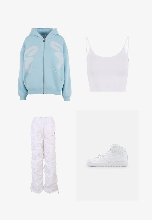 Lichtblauwe rits hoodie gemaakt van zachte stof, met een groot wit grafisch ontwerp op de voorkant, kangoeroezakken en geribde manchetten.; Witte cami-top met dunne verstelbare banden, een aansluitend ontwerp en een gladde, rekbare textuur zonder patronen of versieringen.; Witte, lichte jogpants met een geraffineerde textuur aan de zijkanten en elastische boorden, met subtiele branding nabij de tailleband.; Witte hoge sneakers van leer met een gevoerde kraag, geperforeerde neus, veters en een verstelbare enkelband; logo op de zijkant.