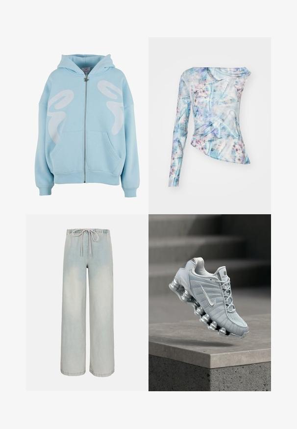 Lys blå zip-up hættetrøje lavet af blødt stof, med et stort hvidt grafisk design på forsiden, kengurulommer og ribbede manchetter.; Asymmetrisk langærmet top i et blåt og pink abstrakt mønster, med sammensamlet tekstur og rund hals. Lavet af letvægtsstof.; Lyseblå vidde jeansbukser med elastisk talje og snøre, forfra set mod ensfarvet baggrund.; Lysegrå Nike løbesko med polstret, fjedrelignende sål svævende over en betonliste, sløret trappebaggrund.