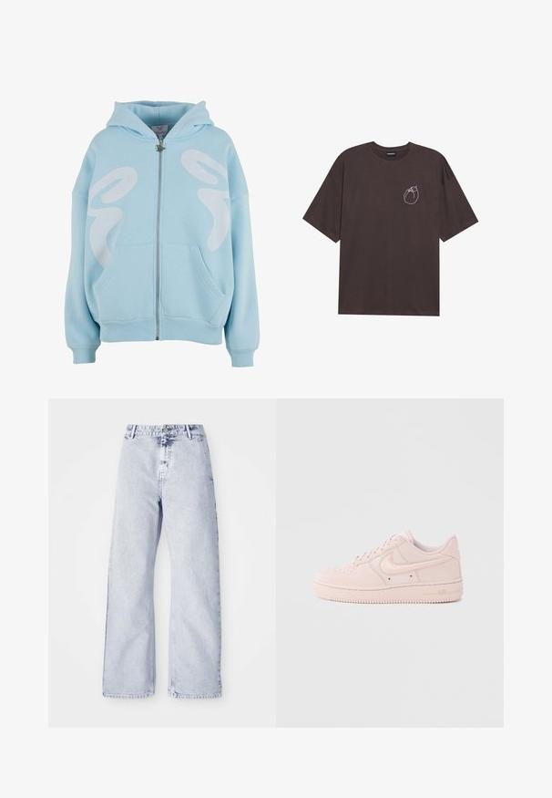 Svetlo modrá mikina na zips vyrobená z mäkkého materiálu, so skvelým veľkým bielym grafickým dizajnom na prednej strane, kengúrkovými vreckami a ribbed manžetami.; Tmavohnedé bavlnené tričko, krátke rukávy, okrúhly výstrih, s jednoduchým bielym nákresom tašky na ľavej strane hrudníka.; Svetlomodré denimové nohavice so širokými nohavicami a vysokým pásom, s gombíkovým zapínaním a dizajnom piatich vreciek. Mäkká textúra a viditeľné stehenné detaily.; Ružový semišový tenisk s hladkou textúrou, gumovou podrážkou, perforovanou špičkou a vyšívanými detailmi loga. Navrhnutý s klasickým nízkym profilom.