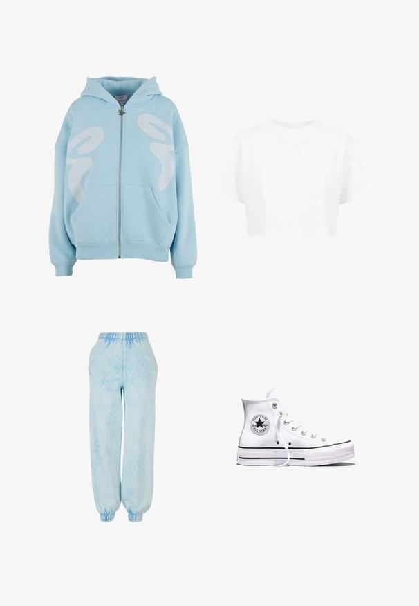 Hoodie zippé bleu clair en tissu doux, avec un grand design graphique blanc sur le devant, des poches kangourou et des poignets côtelés.; T-shirt blanche raccourcie, à manches courtes, col rond, en tissu lisse, sans motifs visibles ni quincaillerie distincte.; Pantalon de survêtement bleu clair avec un motif tie-dye, taille élastique et bas de pantalon resserrés. Textile doux, coupe décontractée et design avec coutures latérales.; Baskets blanches montantes Converse Chuck Taylor All Star avec des rayures noires et un patch logo sur le côté, présentées sur un fond blanc uni.