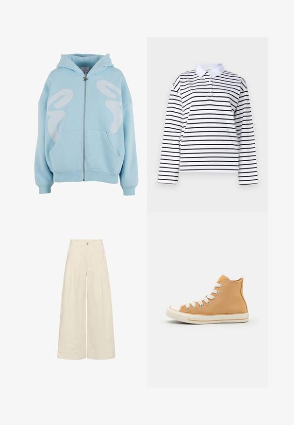 Lys blå zip-up hættetrøje lavet af blødt stof, med et stort hvidt grafisk design på forsiden, kengurulommer og ribbede manchetter.; Hvid langærmet polo t-shirt med horisontale sorte striber, klassisk krave og to knapstolper. Glat bomuldsstof.; Fløjlsbukser i cremefarve med vide ben, frontplisseringer, bæltestropper samt lukning med knap og lynlås i taljen.; Høje canvas sneakers i lys orange med hvide snørebånd, gummitåhætte og kontrasterende hvid mellemsål. Glat tekstur og minimalistisk design.