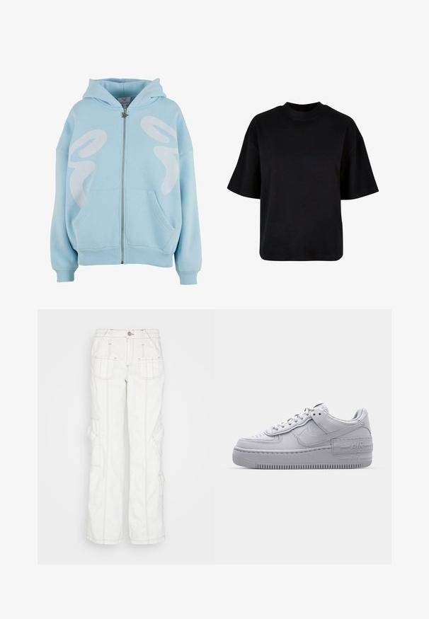 Helleblaue Zip-Hoodie aus weichem Stoff, mit einem großen weißen Grafikdesign auf der Vorderseite, Kängurutaschen und gerippten Bündchen.; Schwarzes Baumwoll-T-Shirt mit hohem Kragen, kurzen Ärmeln und einem lockeren, kastigen Schnitt ohne sichtbare Muster oder Akzente.; BDG Urban Outfitters Jeans Relaxed Fit - white; Graue Nike Air Force 1 Sneaker mit perforierter Zehenpartie, Obermaterial aus glattem Leder, dicker Sohle und geprägtem 'AIR'-Detail an der Ferse.