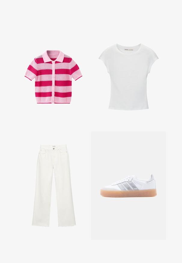 Cardigan en maille à manches courtes avec de larges rayures horizontales roses et rouges, boutonné sur le devant et col pointu.; T-shirt en coton blanc avec manches courtes retroussées, encolure ronde et ourlet droit. Texture lisse sans motifs ni accents visibles.; Pantalon en jean blanc à jambe large avec poches avant, passants de ceinture, fermeture par bouton et ourlets bruts.; Baskets basses blanches avec semelle gomme, accents argentés rayés sur le côté, et fermeture à lacets, présentées sur un fond clair uni.