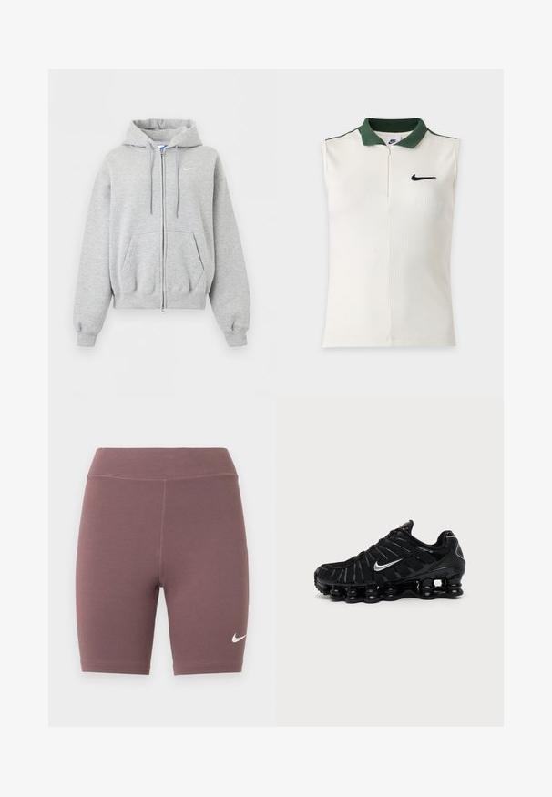 Sudadera con capucha y cremallera en gris claro, con bolsillos delanteros, capucha con cordón, puños y bajo ribeteados, y pequeño logo blanco de Nike en el pecho.; Top blanco sin mangas de Nike con textura acanalada, cuello verde oscuro, cremallera hasta la mitad y logo negro de Nike en el pecho.; Pantalones cortos de ciclista en un color malva apagado, hechos de tela elástica. Cuenta con una cintura alta y un pequeño logo Nike swoosh blanco.; Zapatilla deportiva negra Nike con logo Swoosh plateado, parte superior de malla y material sintético, y suela acolchada segmentada distintiva.
