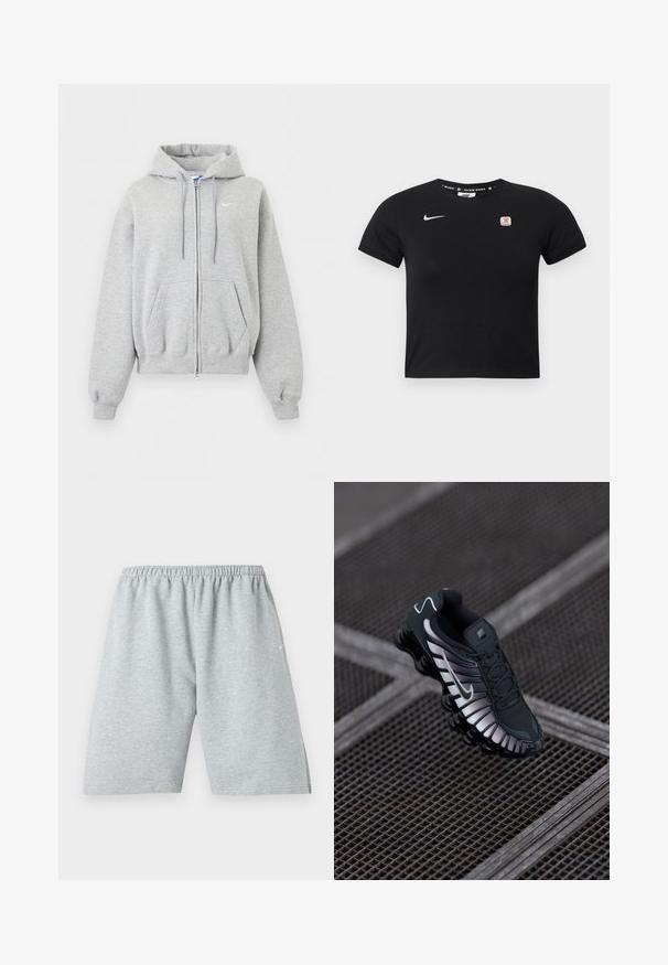 Sudadera con capucha y cremallera en gris claro, con bolsillos delanteros, capucha con cordón, puños y bajo ribeteados, y pequeño logo blanco de Nike en el pecho.; Top corto negro de manga corta hecho de algodón. Presenta un logo de Nike en blanco y un pequeño emblema rojo y blanco en el pecho izquierdo. Textura lisa.; Pantalones cortos deportivos hasta la rodilla de color gris claro con cintura elástica y pequeño logo blanco en la pierna izquierda.; Zapatilla deportiva negra con parte superior de malla texturizada, acentos plateados, soporte para el arco y suela acolchada con un diseño segmentado distintivo.