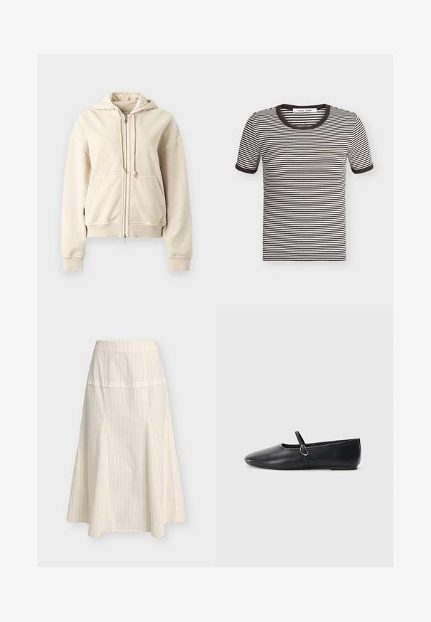 Sweat à capuche zippé beige avec cordons de serrage, poches avant en pouch, poignets et ourlet côtelés, présenté sur un fond gris clair uni.; T-shirt à manches courtes rayé noir et blanc horizontal avec col et poignets côtelés noirs, posé à plat sur un fond clair.; Jupe trapèze crème avec fines rayures verticales et une large ceinture ajustée, longueur au genou et ourlet fluide.; Ballerines noires en cuir avec un bout pointu, une semelle plate et une petite sangle avec un détail de boucle en argent.