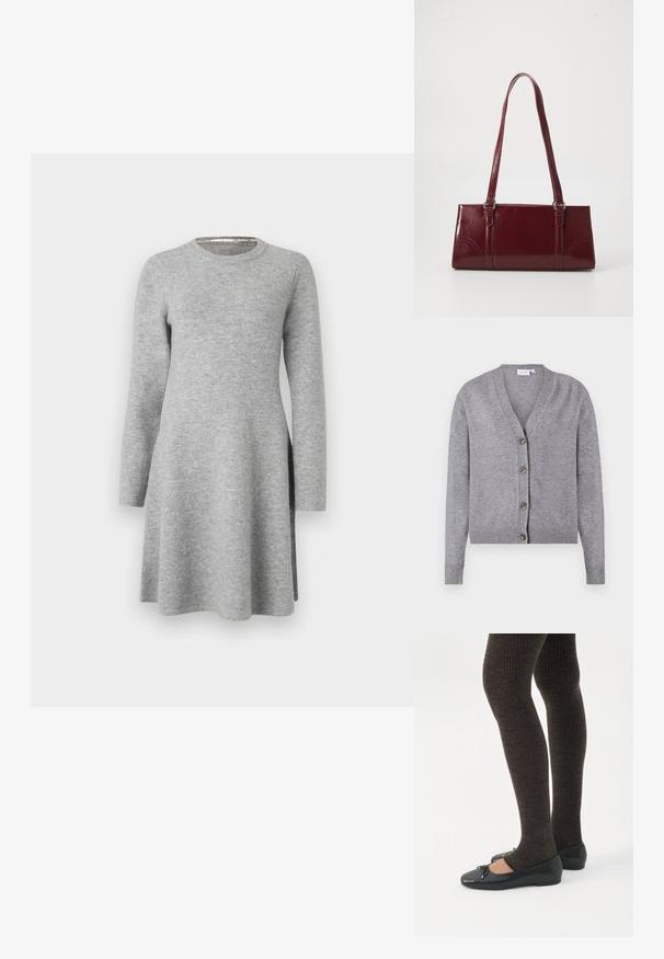 VILA VIRIL V-NECK KNIT CARDIGAN - NOOS - Vest - medium grey melange; Grijze langslavend dress van zachte stof; heeft een ronde halslijn en een ontspannen pasvorm, die iets uitloopt aan de zoom met zijsplitten.; Benen met donkere geribbelde leggings gecombineerd met zwarte ballerina's met kleine strikdetails op een witte achtergrond.; Bourgondische handtas van glanzend materiaal, rechthoekige vorm, met twee schouderbanden en subtiele gebogen accenten aan de voorkant.