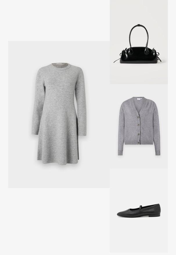 VILA VIRIL V-NECK KNIT CARDIGAN - NOOS - Kardigán - medium grey melange; Sivá dlhá šaty s dlhým rukávom vyrobené z mäkkej tkaniny; obsahujú okrúhly výstrih a voľný strih, ktorý sa jemne rozširuje na spodku s bočnými rozparokmi.; Čierne baletky vyrobené z hladkej kože, s okrúhlou špičkou, malým pásikom cez vrch a minimalistickým dizajnom.; Malá čierna lesklá kabelka s dvoma dlhými rúčkami a bočnými šnúrkovými detailmi na jednoduchom svetlom pozadí.