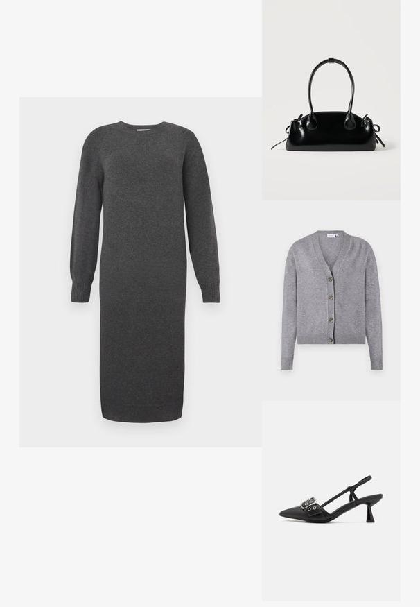 VILA VIRIL V-NECK KNIT CARDIGAN - NOOS - Kardigán - medium grey melange; Tmavošedé pletené šaty s dlhými rukávmi, okrúhlym výstrihom a rebrovanými manžetami. Dĺžka po lýtka a hladká textura. Jednoduchý dizajn bez vzorov.; Simmi London DALA - Klasické lodičky na opätku - black; Malá čierna lesklá kabelka s dvoma dlhými rúčkami a bočnými šnúrkovými detailmi na jednoduchom svetlom pozadí.