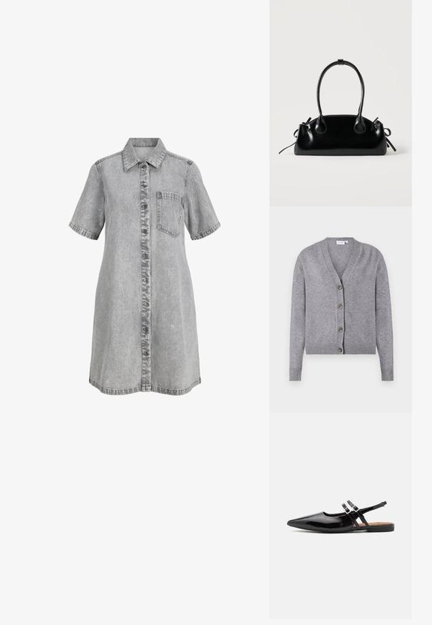VILA VIRIL V-NECK KNIT CARDIGAN - NOOS - Vest - medium grey melange; Grijze denim jurk met een knoopsluiting aan de voorkant, kraag, korte mouwen en een borstzak. Heeft een licht vervaagde textuur.; Zwarte gepatineerde leren slingback schoenen hebben een spitse neus, twee banden met gespsieraden en een platte zool.; Kleine zwarte glanzende handtas met twee lange hengsels en zijkant trekkoord details op een effen lichte achtergrond.